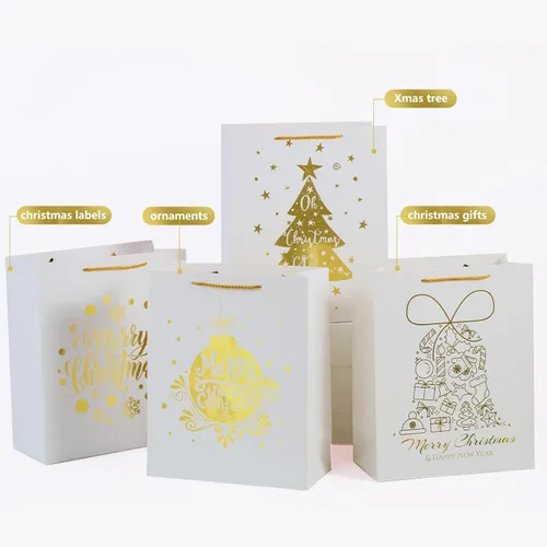 Miniatura 6 de UNIQOOO 12 bolsas de regalo grandes de papel de aluminio dorado blanco y metálico, 4 diseños surtidos de copos de nieve de árbol de Navidad