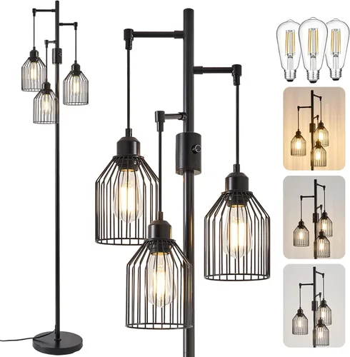 Miniatura 10 de Lámpara de Pie Regulable para Sala de Estar, Lámparas de Pie de Estilo Rústico con Elegante Jaula Colgante, 3 Bombillas LED Edison Incluidas, Luz