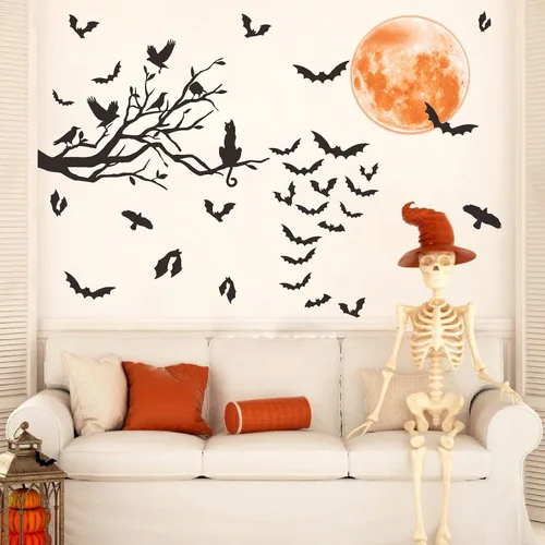 Miniatura 7 de Halloween Moon Wall Sticker Black Bat Wall Stickers Vinyl Crow Bird Tree Branch Wall Decals Removable Halloween Moon Bat Wall Decals Bats Window