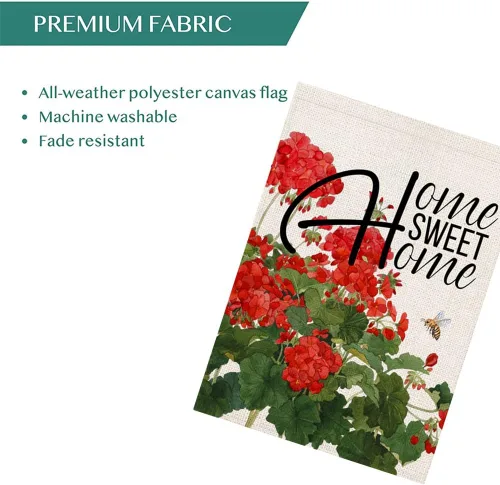 Miniatura 4 de Bandera de geranio para casa de primavera y verano, arpillera de doble cara, abejas florales rojas con cita para el hogar, bandera decorativa