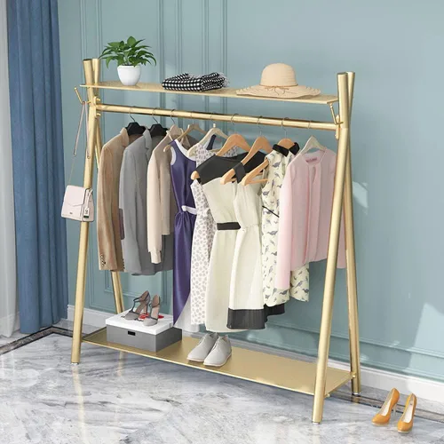 Miniatura 7 de Perchero industrial dorado independiente con estantes dobles, perchero móvil resistente para organizar ropa y zapatos (47 pulgadas de largo)