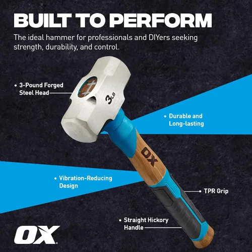 Miniatura 3 de OX Tools Pro Series - Martillo para enmarcar California de 3 libras, martillo de garra recta de cara fresada con cabeza de acero forjado y mango