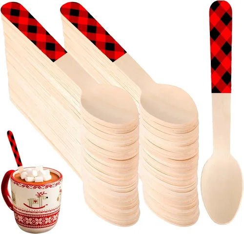 Miniatura 8 de Umigy 100 cucharas de madera desechables de 5.5 pulgadas, cucharas de madera desechables de Navidad con patrón de cuchara de madera para chocolate
