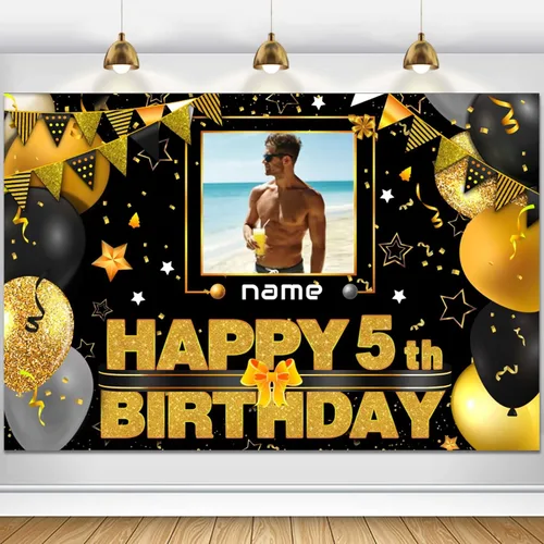 Miniatura 120 de Cartel decorativo personalizado de feliz cumpleaños número 100 - Personalización disponible - Negro y dorado - Tamaño grande - Admite fotos