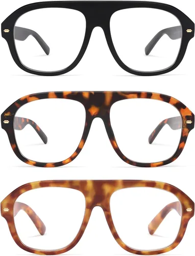 AMOMOMA Paquete de 3 lentes de lectura estilo aviador retro con luz azul para mujeres y hombres, marco grande para lector de computadora AM6163