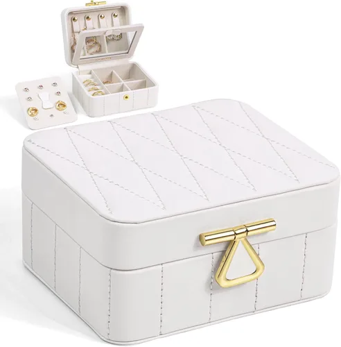 KAMIER Organizador de joyas de viaje, caja organizadora de joyas de viaje de cuero acolchado con diamante, caja de joyería pequeña para mujer,