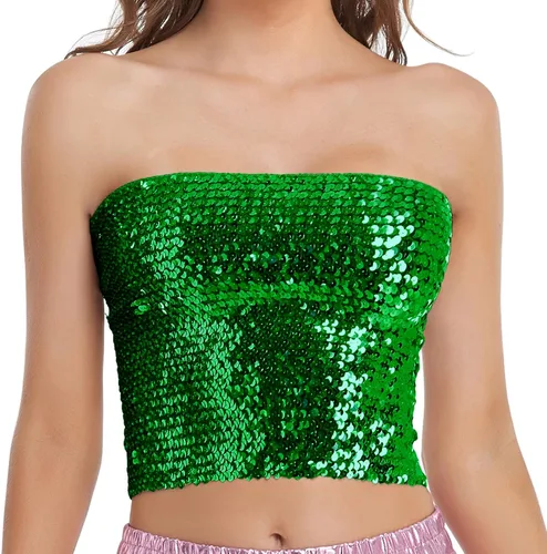 Camisetas cortas de sirena con lentejuelas brillantes para mujer sin tirantes metálicas para fiestas clubes Metálico