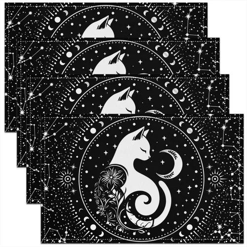 Juego de 4 manteles individuales de mesa con diseño de gatos, diseño gótico, estrella, cielo, luna, constelación, 12 x 18 pulgadas, para mesa de