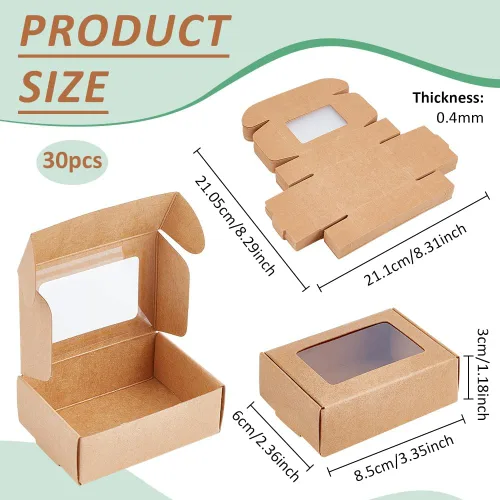 Miniatura 2 de BENECREAT Paquete de 30 cajas rectangulares de papel kraft marrón de 3.3 x 2.3 x 1 pulgadas con ventana transparente para regalos de boda, fiesta