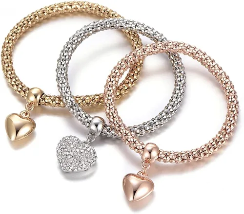 Miniatura 6 de SILANER Pulseras multicapa con dijes de cristal, 3 unidades, oro y plata, oro rosa, pulsera elástica en forma de corazón para mujer, árbol de la vida