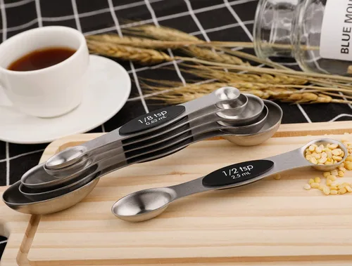 Miniatura 6 de Juego de 6 cucharas medidoras magnéticas de acero inoxidable de doble cara apilables cucharaditas para medir ingredientes secos y líquidos