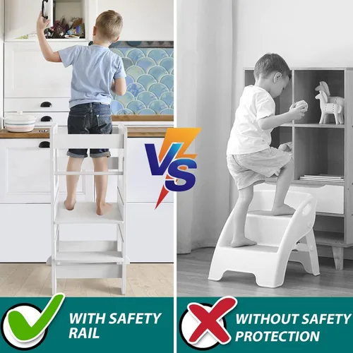 Miniatura 5 de Taburete de cocina WOOD CITY, taburete de cocina para niños pequeños con baranda de seguridad, altura ajustable, torre de aprendizaje para niños