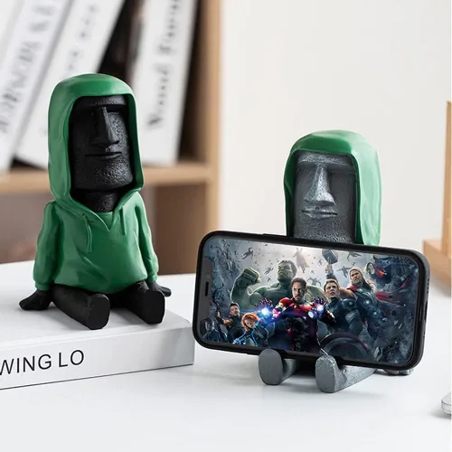 Miniatura 2 de Decoración de estatua Moai de Isla de Pascua con soporte para teléfono inteligente, escultura de figura retro para oficina en casa con soporte
