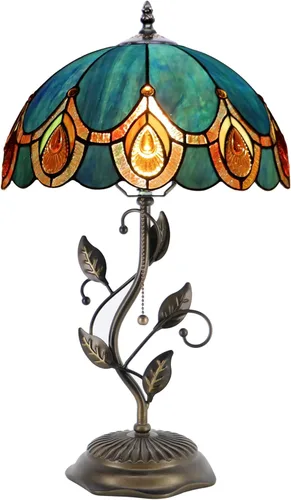 Lámpara de mesa Tiffany, lámpara de escritorio estilo vidrio manchado, 12X12X19 Pulgadas, luz de lectura de mesita, base de hoja de metal (Estilo
