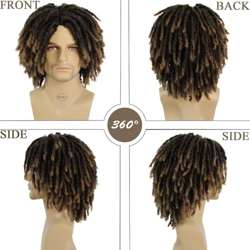 Miniatura 5 de GNIMEGIL Peluca de rastas cortas de 14 pulgadas para hombre, estilo afro bob, ombré, color marrón claro, cabello trenzado de ganchillo, pelucas