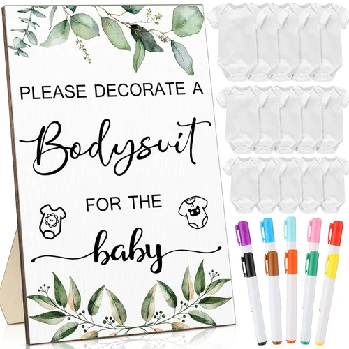 Handepo Juego de 26 piezas para baby shower, 1 cartel de madera, 15 mamelucos blancos, 10 marcadores de tela para kit de decoración de nacimiento