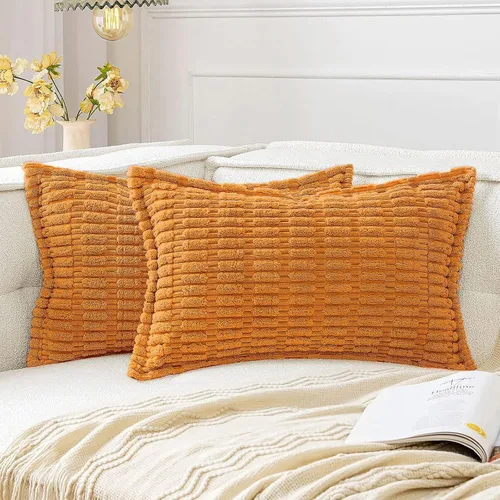 Miniatura 17 de MIULEE - Juego de 2 fundas de almohada decorativas de terciopelo de pana, naranja quemado, para otoño, suaves, a rayas, con borde ancho, decoración