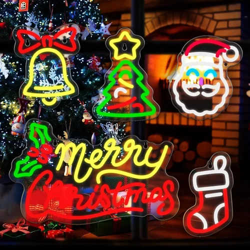 Miniatura 3 de 5 letreros de neón de Navidad con texto en inglés "Merry Christmas", campanas de Papá Noel, árbol de Navidad, luces LED, luces de neón de invierno