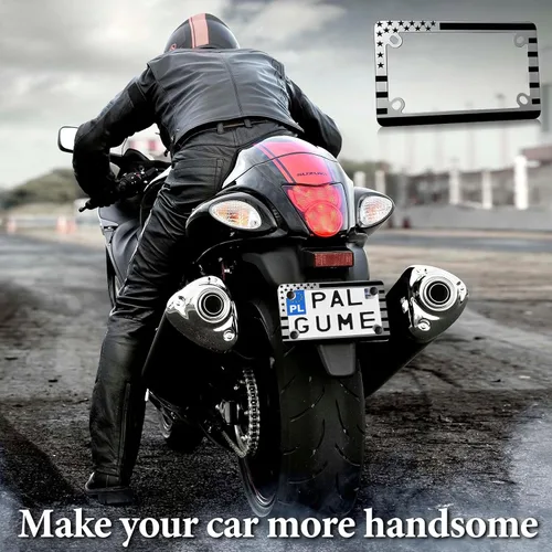 Miniatura 5 de Marco de placa de matrícula de bandera americana negra para motocicleta - 4 agujeros de acero inoxidable mate con franja patriótica, soporte