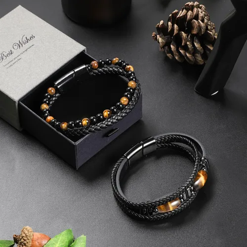 Miniatura 3 de Pulsera de cuero negro de ojo de tigre para hombre, piedra preciosa de ojo de tigre natural, joyería hecha a mano, pulsera de protección