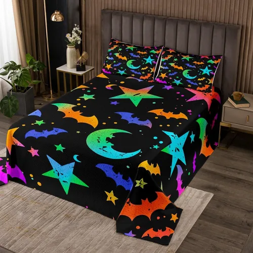 Miniatura 14 de Erosebridal Juego de colcha de murciélago de Halloween, tamaño individual, estrellas con purpurina y galaxia, para niños, decoración de Halloween