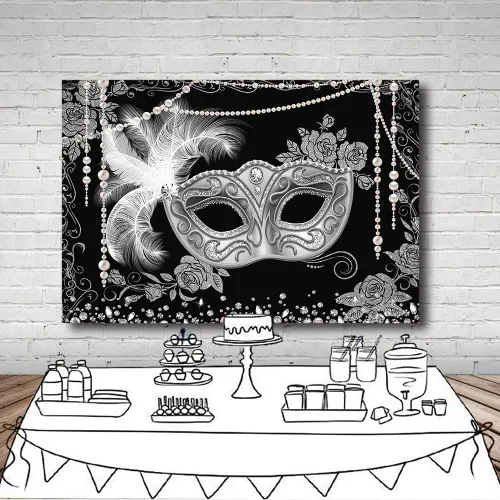 Miniatura 4 de MEHOFOND Telón de fondo para baile de máscaras negro plateado, para fotografía de fiesta de máscaras, fondo para Mardi Gras, carnaval, decoración