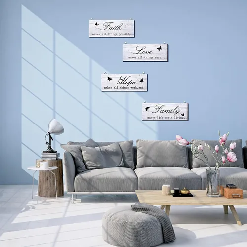Miniatura 2 de Jetec 4 carteles de pared de madera con texto en inglés «Faith Love Hope», placas rústicas de granja blancas con citas inspiradoras, decoración