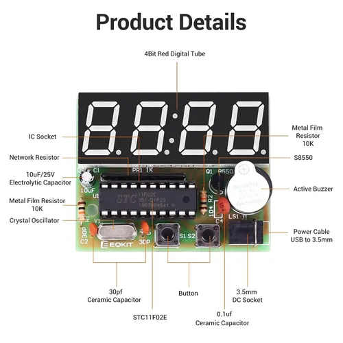 Miniatura 2 de MiOYOOW Kits de reloj digital de 4 dígitos con PCB, kit de proyecto de soldadura de reloj de alarma DIY para aprender soldadura electrónica
