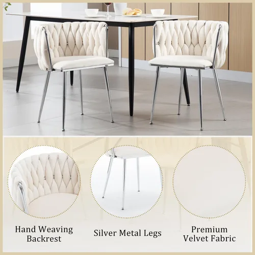 Miniatura 4 de Juego de 2 sillas de comedor de terciopelo, sillas de comedor tapizadas tejidas, sillones de ocio de lujo, sillas decorativas modernas con patas