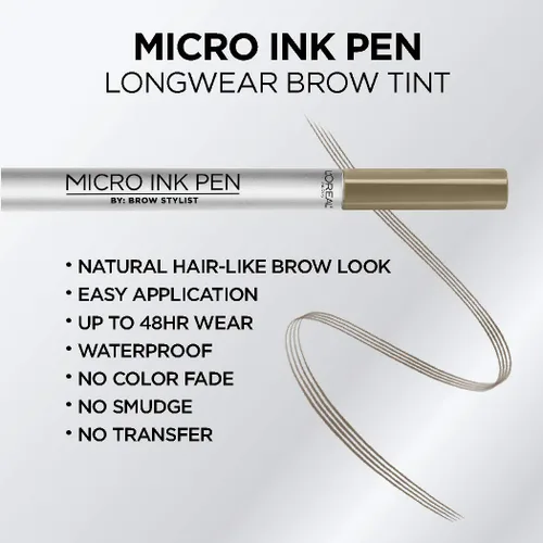 Miniatura 4 de L'Oreal Paris Micro Ink Pen de Brow Stylist, tinte de cejas de larga duración, efecto similar al cabello, hasta 48 horas de uso, punta de peine