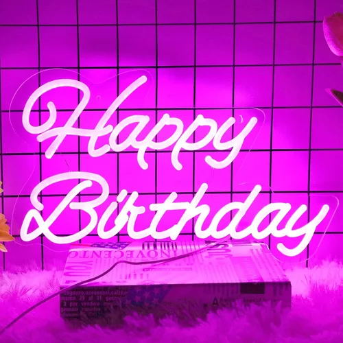 Miniatura 7 de Letrero de Neón de Feliz Cumpleaños de 20 Pulgadas Reutilizable Letrero LED Luminoso de Feliz Cumpleaños con Interruptor Regulable