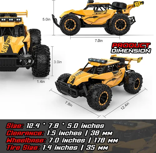 Miniatura 5 de BLUEJAY Auto a control remoto para niños, autos a control remoto, 1:12 Monster RC Truck Off Road con faros LED y batería recargable, regalos
