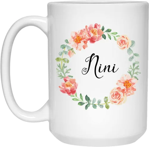 Taza Nini – Taza de café Best Nini – Regalo Nini para el Día de la Madre – Taza de café con flores de acuarela Nini – Idea de regalo del día de la