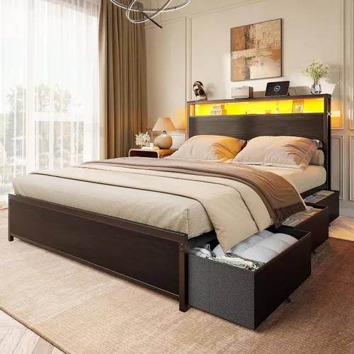 Forestell Full Size Bed Frame with Storage Headboard & 6 Drawers, Metal Platform Bed Frame with LED Lights & Charging Station, 2 Tier Shelf Storage