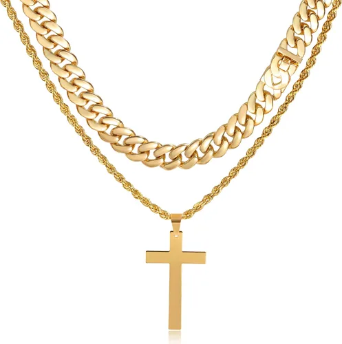 2 collares de cruz para hombres y mujeres, cadena de eslabones cubanos de plata dorada y negra para hombres, cadena de cuerda en capas, collar con