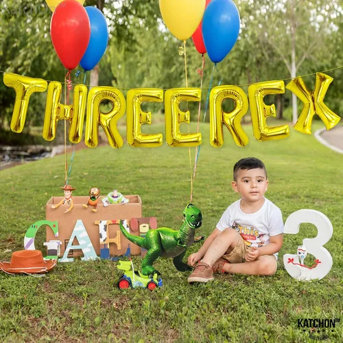 Miniatura 8 de Katchon, Enormes globos dorados de tres Rex – 16 pulgadas Tres decoraciones de cumpleaños Rex para niño Decoraciones de cumpleaños de dinosaurio