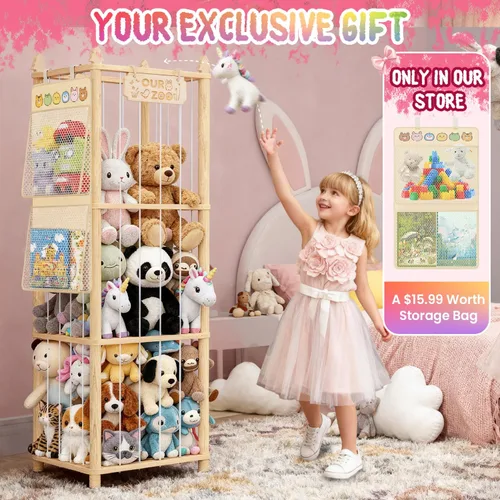Miniatura 8 de Almacenamiento de animales de peluche: organizador grande de almacenamiento de juguetes de madera con 1 red de almacenamiento extraíble para colgar