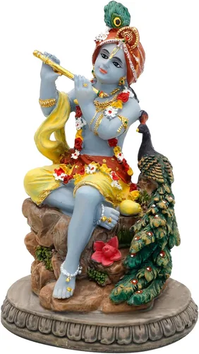 Miniatura 7 de alikiki Estatua hindú de Krishna de Dios Krishna – 5.5 pulgadas de alto indio Señor Krishna ídolo toca la flauta con artículo Murti pavo real Murti