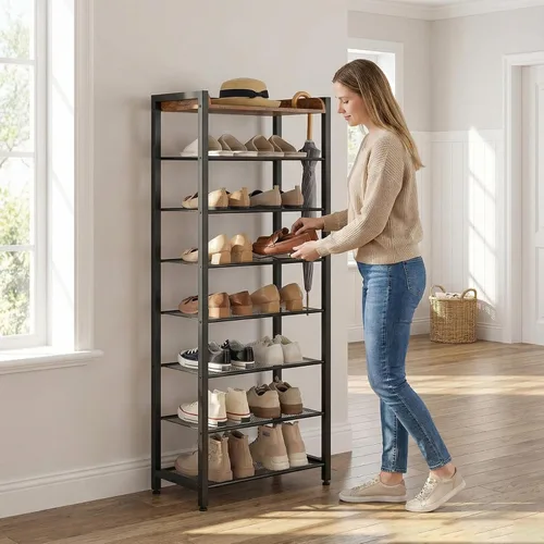 Miniatura 7 de HOOBRO Zapatero de 8 niveles, almacenamiento de zapatos de gran capacidad para 14 a 16 pares, estante de zapatos de metal resistente para entrada