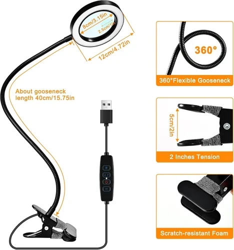Miniatura 5 de 10 lupas con luz y temporizador, lámpara de escritorio con aumento 2 en 1, 3 modos de color, 10 brillo regulable, lupa flexible de cuello de cisne