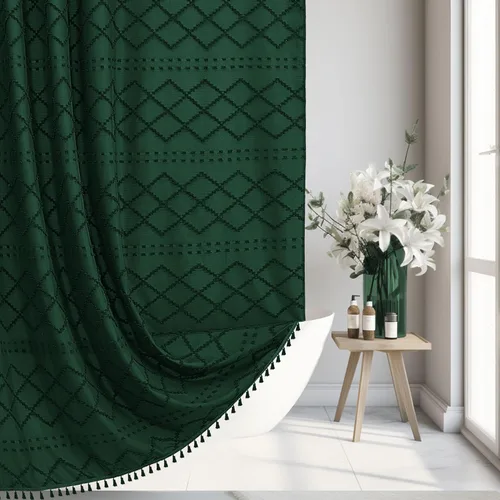 Miniatura 9 de Siiluminisoy Cortina de ducha bohemia rosa con textura y borlas de 72 x 72 pulgadas con tul, cortina de ducha de chenilla tejida con rayas chevrón