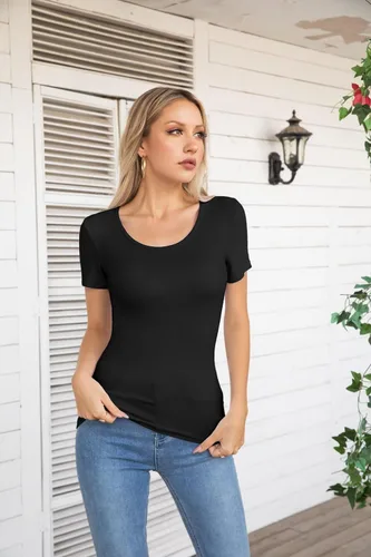 Miniatura 2 de VICHYIE Camisas de verano para mujer, cuello redondo, manga corta, acanaladas, ajustadas, casuales, básicas