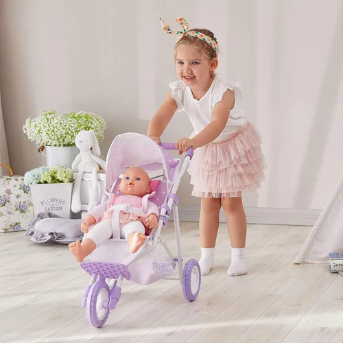 Miniatura 5 de Olivia's Little World Cochecito de Muñeca Bebé estilo jogging con toldo, cinturón de seguridad y espacio de almacenamiento, morado y blanco