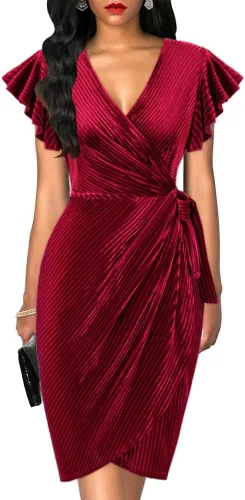 oten Vestido de terciopelo con cuello en V profundo para mujer, manga con volantes, para cóctel, fiesta, boda, club, vestido cruzado de imitación