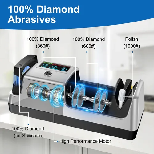 Miniatura 2 de Afilador de cuchillos eléctrico 5 en 1, profesional de 3 etapas con pantalla LCD, 100% abrasivos de diamante, 3 velocidades de rotación ajustables