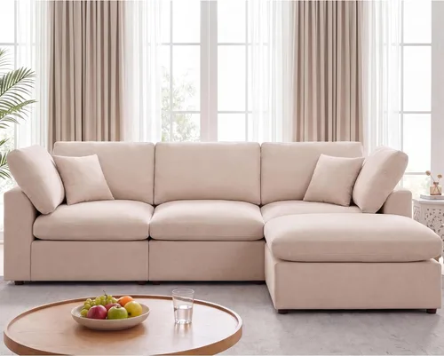 Miniatura 16 de Sofás modulares de nube seccionales para sala de estar, sofá modular grande con otomana, sofá de 3 plazas en forma de L con almohada, color beige