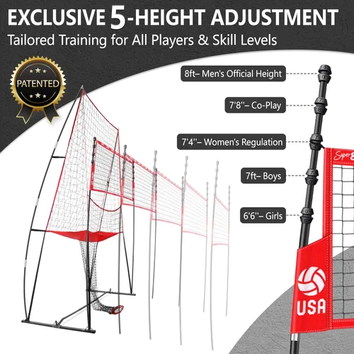 Miniatura 2 de 2-in-1 Volleyball Practice Net Station with Patented 5-Height (6'6'' to 8'), Heavy Duty Training System for Hitting Spiking Serving, Backyard Indoor