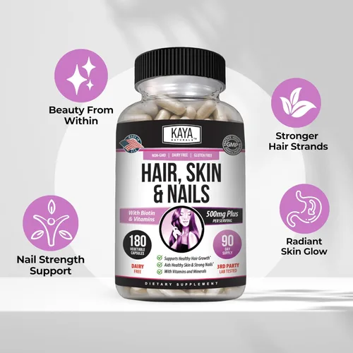Miniatura 4 de Kaya Naturals Cápsulas de uñas para el cabello y la piel BIOTINA Vitamina D Vitamina B-12 A Soporte de ácido fólico, suplemento vitamínico de apoyo