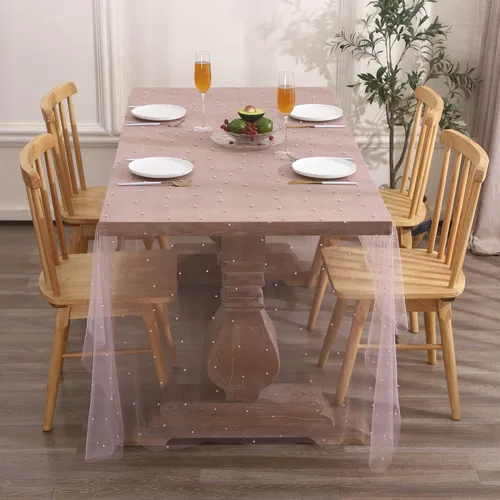 Miniatura 7 de Mantel de encaje rosa con perla de 55 x 55 pulgadas, funda de mesa de tela de tul transparente para decoración de arco de boda, cumpleaños, fiesta