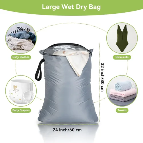 Miniatura 6 de OTraki 2 bolsas húmedas grandes de 24 x 32 pulgadas, reutilizables, impermeables, para seco y húmedo, con asa de cremallera, bolsa de lavandería